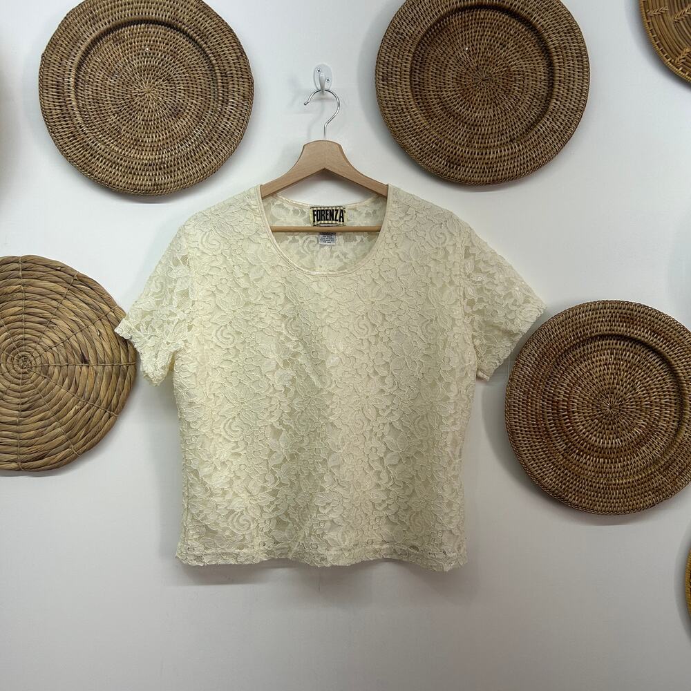 Vintage Y2K 2000s Forenza Cream Off White Lace Short Sleeve Tee T-Shirt XL